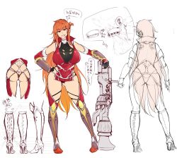 Rule 34 | 00s, 1girl, ass, boots, breasts, butt crack, character sheet, cigarette, female focus, full body, gun, highres, kamimura maika, large breasts, long hair, looking at viewer, official art, sian, simple background, sketch, smile, standing, taimanin (series), taimanin asagi, taimanin asagi kessen arena, thong, underwear, very long hair, weapon, white background