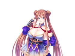 Rule 34 | 1girl, adjusting hair, blue eyes, blush, breasts, brooch, brown hair, cleavage, closed mouth, cowboy shot, detached collar, detached sleeves, double bun, female focus, game cg, gauntlets, hair bun, hand on own hip, hand up, ishii akira, japanese clothes, jewelry, large breasts, legs, light blush, light smile, long hair, looking at viewer, mametsu no kenki itsuki no sei jijou, miel (company), obi, sash, sidelocks, skirt, smile, solo, standing, thighs, transparent background, upper body