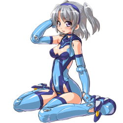 Rule 34 | 10s, 1girl, bad id, bad pixiv id, breasts, busou shinki, dd (ijigendd), doll joints, elbow gloves, gloves, joints, leotard, purple eyes, raptias, short hair, silver hair, simple background, sitting, solo, thighhighs, twintails, wariza