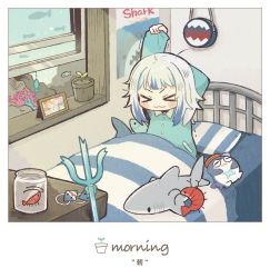 Rule 34 | &gt; &lt;, 1girl, :3, arm up, bag, bed, bloop (gawr gura), blue hair, blunt bangs, chibi, closed eyes, commentary request, english text, gawr gura, hair down, hair ornament, hololive, hololive english, jar, long sleeves, messy hair, multicolored hair, on bed, pajamas, photo (object), pillow, plant, polearm, potted plant, same anko, shrimp, siting, smile, solo, streaked hair, stretching, stuffed animal, stuffed shark, stuffed toy, trembling, trident, two-tone hair, unworn hair ornament, virtual youtuber, waking up, weapon, white hair, x3