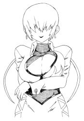 Rule 34 | 1girl, breast hold, breast lift, breasts, cleavage, cleavage cutout, clothing cutout, cropped jacket, crossed arms, earrings, greyscale, hair over eyes, huge breasts, jewelry, leotard, long hair, miniskirt, monochrome, shermie (kof), skirt, solo, split ponytail, the king of fighters, tsukudani (coke-buta), twintails