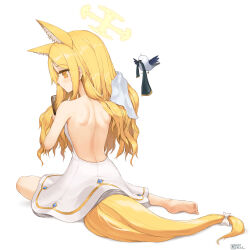 Rule 34 | 1girl, absurdres, animal ear fluff, animal ears, artist logo, artist name, back, backless dress, backless outfit, barefoot, bird, blonde hair, blue archive, bow, closed mouth, comb, commentary, dress, drying, drying hair, extra ears, fox ears, from behind, full body, halo, highres, holding, holding comb, layered dress, long hair, looking to the side, mistcastle, orange eyes, parted bangs, profile, seia (blue archive), simple background, sitting, sleeveless, sleeveless dress, soles, solo, tail, tail bow, tail ornament, toes, towel, white background, white bow, white dress