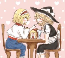 Rule 34 | 2girls, :o, alice margatroid, apron, bad id, bad pixiv id, black dress, blonde hair, blush, bow, braid, cake, capelet, chair, commentary request, dress, closed eyes, fang, feeding, female focus, food, glass, hair bow, hair ribbon, hairband, hands on own face, hat, heart, kirisame marisa, kototoki, lolita hairband, looking at another, looking at viewer, multiple girls, open mouth, pink background, polka dot, polka dot background, puffy short sleeves, puffy sleeves, ribbon, shanghai doll, short hair, short sleeves, simple background, single braid, sitting, spoon, table, touhou, tress ribbon, waist apron, witch hat, yuri, | |