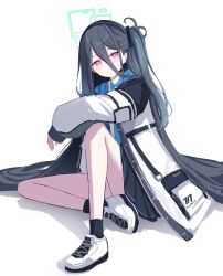 Rule 34 | &lt;key&gt; (blue archive), 1girl, absurdly long hair, absurdres, black hair, black skirt, black socks, blue archive, blue necktie, blush, closed mouth, collared shirt, green halo, hair over one eye, halo, highres, jacket, long hair, long sleeves, looking at viewer, necktie, open clothes, open jacket, pink eyes, pleated skirt, ringed eyes, shirt, shoes, simple background, skirt, socks, solo, takashima shoa, very long hair, white background, white footwear, white jacket, white shirt