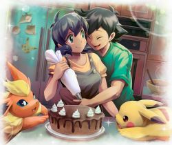 Rule 34 | 1boy, 1girl, :3, ^ ^, absurdres, antenna hair, apron, ash ketchum, black apron, black hair, blue eyes, blue hair, blush stickers, border, breasts, brown eyes, cake, closed eyes, closed mouth, commission, cooking, cream, creatures (company), flareon, food, game freak, gen 1 pokemon, green shirt, hand up, happy, highres, holding, hug, hug from behind, icing, indoors, koriarredondo, looking at another, looking back, lying, mixing bowl, nintendo, notes, on stomach, open mouth, original, oven, paper, pastry bag, pikachu, plate, poke ball symbol, poke ball theme, pokemon, pokemon (anime), pokemon (creature), refrigerator, shirt, short hair, short sleeves, sidelocks, small breasts, smile, sparkle, standing, table, upper body, white border, yellow shirt