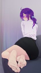 Rule 34 | 1girl, barefoot, blouse, blush, couch, feet, foot focus, foreshortening, grey background, highres, long hair, looking at viewer, miniskirt, miyaura sanshio, office lady, purple eyes, purple hair, shirt, simple background, skirt, soles, solo, toes, white shirt