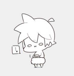 Rule 34 | ..., 1boy, :i, ^^^, baby, bandages, chibi, commentary, diaper, furrowed brow, grey background, greyscale, highres, kagamine len, kitsune no ko, male focus, monochrome, omake, short ponytail, solo, speech bubble, spiked hair, spoken ellipsis, standing, vocaloid, aged down