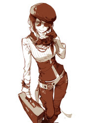 Rule 34 | 1girl, adjusting eyewear, ask (askzy), breasts, briefcase, coco adel, glasses, gloves, hat, holding, long sleeves, looking at viewer, pants, rwby, simple background, sketch, smile, solo, sunglasses