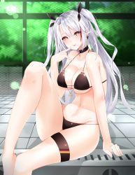 Rule 34 | 1girl, :q, absurdres, alternate costume, anchor symbol, antenna hair, arm support, azur lane, barefoot, bikini, black bikini, black ribbon, blurry, blurry background, blush, breasts, brown eyes, choker, cleavage, cross, cross earrings, day, earrings, fence, flag print, german flag bikini, hair between eyes, hair ribbon, head tilt, highres, iron cross, jewelry, knee up, large breasts, long hair, looking at viewer, mole, mole on breast, multicolored hair, navel, outdoors, poolside, prinz eugen (azur lane), prinz eugen (unfading smile) (azur lane), red hair, ribbon, sidelocks, silver hair, sitting, skindentation, smile, solo, stomach, streaked hair, surota, swimsuit, thigh strap, thighs, tongue, tongue out, two side up, very long hair