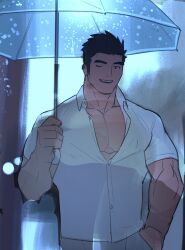 Rule 34 | 1boy, bad id, bad twitter id, bara, black hair, blue theme, collared shirt, cowboy shot, hand in pocket, highres, holding, holding umbrella, large pectorals, long sideburns, looking at viewer, male focus, muscular, muscular male, one eye closed, partially unbuttoned, pectoral cleavage, pectorals, protagonist 3 (housamo), shirt, short hair, sideburns, solo, thick eyebrows, tokyo houkago summoners, tyou, umbrella, unfinished