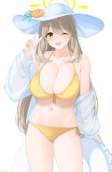 Rule 34 | 1girl, ;d, bikini, blue archive, blush, breasts, brown hair, collarbone, fingernails, flower hat, green eyes, halo, hand up, hat, highres, holding, large breasts, long hair, looking at viewer, momoiro lettuce, navel, nonomi (blue archive), one eye closed, open mouth, smile, solo, standing, swimsuit, thighs, twitter username, v, white hat, yellow bikini