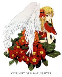 Rule 34 | armor, blonde hair, character name, copyright name, flower, leaf, long hair, mofuko, pauldrons, red armor, red eyes, shoulder armor, simple background, sizer, solo, violinist of hameln, white background, wings