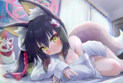 Rule 34 | 1girl, alternate costume, animal ear fluff, animal ears, arm support, bed, bed sheet, bedroom, black hair, blue archive, blurry, blush, borrowed clothes, breasts, cleavage, collarbone, collared shirt, commentary request, curtains, depth of field, door, eyeshadow, fang, fox ears, fox girl, fox hair ornament, fox shadow puppet, fox statue, fox tail, hair between eyes, hair ornament, head tilt, highres, indoors, izuna (blue archive), long sleeves, looking at viewer, lying, makeup, medium breasts, medium hair, on stomach, one side up, panties, pantyshot, pom pom (clothes), pom pom hair ornament, shirt, sidelocks, skin fang, smile, solo, tail, tomonx, twisted torso, underwear, white panties, white shirt, window, yellow eyes