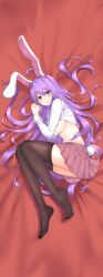 Rule 34 | 1girl, absurdres, animal ears, bed sheet, black thighhighs, blush, breasts, collarbone, dakimakura (medium), diving penguin, full body, highres, large breasts, long hair, long sleeves, lying, navel, nipples, on side, open mouth, pink skirt, pleated skirt, purple hair, rabbit ears, rabbit tail, red eyes, reisen udongein inaba, shirt, skirt, solo, tail, thighhighs, touhou, white shirt