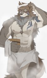 Rule 34 | 1boy, abs, animal ears, bara, beige fur, blush, bulge, chest hair, facial hair, fang, feet out of frame, furry, furry male, goatee, hachi duchi, hair between eyes, highres, male focus, mature male, medium hair, muscular, muscular male, naked towel, navel, nipples, pectorals, solo, steam, stomach, temujin (housamo), thighs, tokyo houkago summoners, topless male, towel, tusks, walking, wet, wolf boy, wolf ears