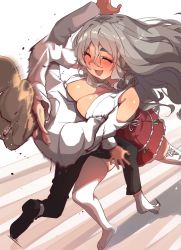 Rule 34 | 1boy, 1girl, ^ ^, bare shoulders, black footwear, black pants, blush, breasts, cleavage, closed eyes, detached sleeves, dongsa wonhyong, drunk, grey hair, highres, kantai collection, large breasts, long hair, long sleeves, no headwear, open mouth, pants, pola (kancolle), red skirt, shirt, shoes, skirt, smile, thighhighs, wavy hair, white shirt, white thighhighs
