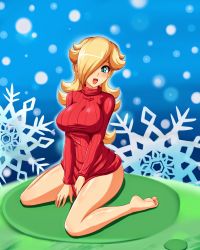 Rule 34 | 1girl, :d, alternate hairstyle, aqua eyes, bare legs, barefoot, between legs, blonde hair, blush, bottomless, breasts, feet, hair over one eye, hand between legs, highres, large breasts, legs, long hair, looking at viewer, mario (series), naked sweater, nintendo, open mouth, ponytail, ribbed sweater, rosalina, sigurd hosenfeld, sitting, smile, snowflakes, soles, solo, super mario galaxy, sweater, toes, turtleneck, v arms, wariza