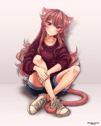 Rule 34 | 1girl, 2021, animal ears, arai shinomiya, artist name, cat ears, cat girl, cat tail, commentary, dated, earrings, english commentary, full body, hair between eyes, highres, indie virtual youtuber, jewelry, long hair, long sleeves, looking at viewer, necklace, shinomiya arts, shorts, sitting, smile, solo, tail, twitter username, virtual youtuber, watermark