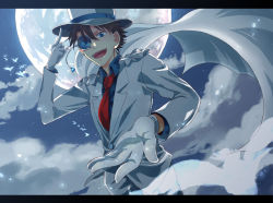 Rule 34 | 1boy, adjusting clothes, adjusting headwear, bird, blue eyes, blue shirt, brown hair, cape, clothes, cloud, formal, gloves, happy, hat, ikuryomaga, jacket, kaitou kid, kuroba kaito, letterboxed, looking at viewer, male focus, meitantei conan, monocle, moon, necktie, night, outstretched hand, pants, shirt, short hair, sky, solo, suit, top hat, white jacket, white pants, white suit
