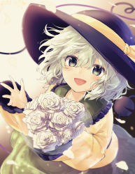 Rule 34 | 1girl, :d, arm up, black hat, blurry, bouquet, dated, depth of field, flower, frilled shirt collar, frilled sleeves, frills, from above, gradient background, green eyes, green skirt, hair between eyes, hat, hat ribbon, highres, holding, holding bouquet, kisamu (ksmz), koishi day, komeiji koishi, long sleeves, looking at viewer, messy hair, open hand, open mouth, petals, ribbon, rose, shirt, short hair, signature, simple background, skirt, smile, solo, third eye, touhou, untucked shirt, upper body, white flower, white hair, white rose, yellow shirt