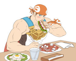 Rule 34 | 1boy, bara, bare arms, billy (gyee), blue eyes, blush, brown hair, cup, eating, egg, food, gyee, holding, holding food, large pectorals, male focus, muscular, muscular male, pasta, pectorals, sandwich, short hair, sideburns, sidepec, solo, spaghetti, sunfight0201, table, water