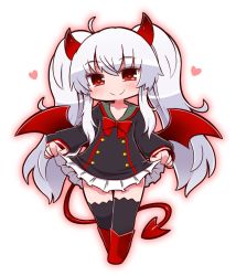 Rule 34 | 1girl, ahoge, black dress, black thighhighs, blush, boots, bow, bowtie, chibi, collarbone, dark persona, demon girl, demon horns, demon tail, demon wings, dress, evo grim, full body, grim aloe, hair between eyes, heart, heart-shaped pupils, highres, holding, holding clothes, holding skirt, horns, long hair, long sleeves, looking at viewer, low wings, naga u, pleated skirt, quiz magic academy, red bow, red bowtie, red eyes, red footwear, silver hair, skirt, smile, smug, solo, standing, symbol-shaped pupils, tail, thighhighs, twintails, wings