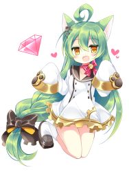 Rule 34 | 1girl, :d, ahoge, akashi (azur lane), animal ears, azur lane, bell, black bow, black footwear, black sailor collar, blush, bow, braid, brown eyes, cat ears, commentary request, dress, fang, full body, gem, green hair, hair between eyes, hair bow, heart, jingle bell, long hair, long sleeves, looking at viewer, open mouth, red bow, red gemstone, sailor collar, sailor dress, shikito (yawa0w0), shoes, simple background, sleeves past fingers, sleeves past wrists, smile, socks, solo, very long hair, white background, white dress, white socks