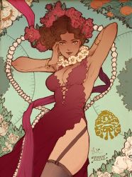 Rule 34 | 1girl, armpits, arms up, art nouveau, bracelet, breasts, brown hair, cleavage, cowboy shot, dark-skinned female, dark skin, dress, flower, flower necklace, highres, jasmin darnell, jewelry, large breasts, leaf, looking at viewer, necklace, original, red dress, red flower, smile, solo, thighhighs, traditional media, white flower
