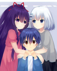 Rule 34 | 1boy, 2girls, aged down, angry, blue eyes, brown eyes, closed mouth, commentary request, date a live, dress, hair between eyes, hair ornament, hair ribbon, hairclip, highres, holding person, itsuka shidou, long hair, looking at another, looking at viewer, multiple girls, oreocookie123, purple eyes, purple hair, red dress, red ribbon, ribbon, road, short hair, silver hair, tobiichi origami, very long hair, yatogami tooka