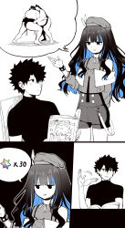 Rule 34 | 1boy, 1girl, absurdres, beret, blue hair, book, breasts, colored inner hair, comic, fate/grand order, fate (series), fujimaru ritsuka (male), greyscale, hat, highres, hirunagi, jacket, long hair, long sleeves, monochrome, multicolored hair, off shoulder, saint quartz (fate), short hair, short sleeves, shorts, small breasts, smile, speech bubble, spot color, sumo, tenochtitlan (fate), tenochtitlan (second ascension) (fate), wavy hair