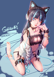 Rule 34 | 10s, 1girl, 2016, animal ear headphones, animal ears, anklet, arm support, axent wear, bangle, barefoot, bell, between legs, black bra, black hair, blue background, blue eyes, blue hair, blue nails, blunt bangs, body writing, bra, bracelet, breasts, bridal garter, cable, canterbury (6739793), cat cutout, cat ear headphones, cat ear panties, cat lingerie, character request, choker, cleavage, cleavage cutout, clothing cutout, collar, dated, eyelashes, fake animal ears, fingernails, full body, hand between legs, hand on own cheek, hand on own face, head tilt, headphones, heart, heart of string, highres, hime cut, jewelry, jingle bell, lips, long fingernails, long hair, long sleeves, looking away, looking to the side, matching hair/eyes, meme attire, multicolored hair, nail polish, navel, neck bell, off shoulder, open clothes, open shirt, original, panties, ring, shirt, side-tie panties, sitting, soles, solo, star (symbol), streaked hair, thigh strap, two-tone hair, underwear, wariza, white shirt
