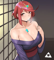 Rule 34 | 1girl, artist logo, bare shoulders, breasts, breath, chest jewel, cleavage, donburi (donburikazoku), indoors, japanese clothes, kimono, large breasts, off shoulder, pyra (xenoblade), red eyes, red hair, short hair, swept bangs, tiara, upper body, xenoblade chronicles (series), xenoblade chronicles 2