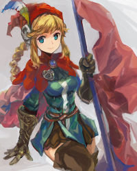 Rule 34 | 1girl, armor, armored dress, blonde hair, blue eyes, braid, conjaku, flag, gauntlets, grand knights history, hat, hat feather, lisha stalake, red hat, skirt, solo, thighhighs