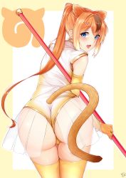 Rule 34 | 10s, 1girl, :d, animal ears, ass, bad id, bad pixiv id, bangle, blue eyes, blush, bracelet, brown hair, clothing cutout, cowboy shot, elbow gloves, from behind, gloves, golden snub-nosed monkey (kemono friends), highres, japari symbol, jewelry, kemono friends, leaning forward, leotard, long hair, looking back, monkey ears, monkey tail, multicolored hair, open mouth, orange hair, outside border, ponytail, skirt, smile, solo, staff, streaked hair, tail, tail through clothes, thighhighs, tomo (tomojo 8), two-tone hair, very long hair, white background, yellow thighhighs