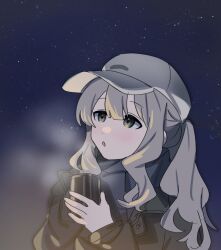 Rule 34 | 1girl, :o, baseball cap, blue archive, breath, coat, cup, fig (lchijiku), green eyes, grey hair, hand up, hare (blue archive), hare (camp) (blue archive), hat, holding, holding cup, long hair, long sleeves, looking up, night, outdoors, ponytail, scarf, solo, star (sky), steam, upper body, white hat
