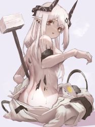 Rule 34 | 1girl, absurdres, arknights, armband, ass, bad id, bad pixiv id, breasts, commentary request, convenient arm, from behind, grey background, hammer, highres, horns, long hair, looking at viewer, looking back, medium breasts, mudrock (arknights), neg (101neg), no shoes, parted lips, pointy ears, red eyes, silver hair, simple background, sitting, socks, solo, sweat, topless, wariza, weapon, white socks