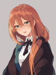 Rule 34 | 1girl, bad id, bad pixiv id, blouse, blush, brown hair, girls&#039; frontline, green eyes, grey background, hair between eyes, hair over shoulder, half-closed eyes, laurelfalcon, long hair, looking at viewer, open mouth, shawl, shirt, side ponytail, simple background, smile, solo, springfield (girls&#039; frontline), teeth, white shirt