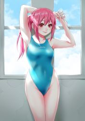 Rule 34 | 1girl, absurdres, arms up, blue sky, blue one-piece swimsuit, breasts, cloud, commentary request, competition swimsuit, covered navel, cowboy shot, highleg, highleg swimsuit, highres, long hair, looking at viewer, macosee, one-piece swimsuit, original, ponytail, red eyes, red hair, sky, small breasts, solo, standing, swimsuit, window