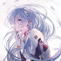 Rule 34 | 1girl, ahoge, alternate hair length, alternate hairstyle, ayanami rei, baisi shaonian, blue hair, blurry, bodysuit, breasts, chromatic aberration, commentary, ears visible through hair, evangelion: 3.0+1.0 thrice upon a time, eyes visible through hair, from side, hand to own mouth, hand up, interface headset, leaning forward, long hair, looking at viewer, looking down, looking to the side, medium breasts, neon genesis evangelion, pale skin, parted lips, plugsuit, rebuild of evangelion, sideways glance, skin tight, solo, upper body, white background, white bodysuit