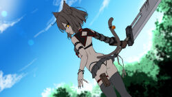 Rule 34 | 1girl, ass, bare shoulders, bell, black panties, blurry, blurry background, breasts, brown hair, butt crack, cat girl, cat tail, day, detached sleeves, female focus, fingernails, from behind, gloves, grey skirt, grey thighhighs, highres, holding, holding sword, holding weapon, looking at viewer, looking back, medium hair, microskirt, original, outdoors, panties, pouch, profile, sharp fingernails, single glove, single sleeve, skirt, small breasts, solo, standing, sword, tail, tail bell, tail ornament, thighhighs, touchuu kasou, tree, underwear, weapon, yellow eyes