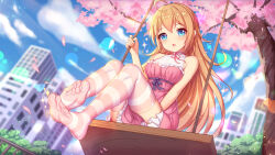 Rule 34 | 1girl, bare shoulders, blonde hair, blue eyes, blue sky, blurry, blurry background, blush, breasts, cherry blossoms, cloud, day, dress, feet, highres, holding, long hair, looking at viewer, medium breasts, open mouth, outdoors, petals, pretty angel, sitting, sky, sleeveless, soles, solo, striped, thighhighs, thighs, tree
