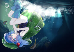 Rule 34 | 1girl, ass, backpack, bag, bananannu, black one-piece swimsuit, blue eyes, blue footwear, blue hair, boots, bubble, closed mouth, commentary request, fish, flat cap, full body, green hat, hair bobbles, hair ornament, hat, kawashiro nitori, key, light rays, looking at viewer, one-piece swimsuit, outdoors, rubber boots, school swimsuit, short hair, swimsuit, touhou, two side up, underwater, upside-down