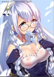 Rule 34 | 1girl, artist name, azur lane, bare shoulders, black gloves, blue-framed eyewear, blue dress, blue eyes, blue neckerchief, blush, bow, braid, breasts, cleavage, detached collar, dress, edinburgh (azur lane), elbow gloves, frilled dress, frills, glasses, gloves, go-it, hair bow, hands up, large breasts, long hair, looking at viewer, mouth hold, neckerchief, nipples, round eyewear, round teeth, see-through, shiny skin, signature, solo, sparkle, strapless, strapless dress, tareme, teeth, twin braids, upper body, very long hair, water drop, watermark, web address, wet, wet clothes, wet dress, white bow