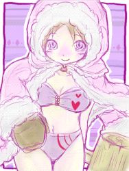 Rule 34 | 1girl, blue eyes, blush, bra, breasts, brown hair, cleavage, coat, fur trim, hammer, hood, ice climber, ice climbers, lingerie, lowres, mallet, mittens, nana (ice climber), nintendo, open clothes, open coat, panties, solo, underwear