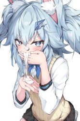 Rule 34 | 1girl, animal ear fluff, animal ears, black skirt, blue eyes, blue hair, blush, covering own mouth, dress shirt, girls&#039; frontline, hair between eyes, hair ornament, heart, heart-shaped pupils, highres, ky (ky990533), long sleeves, looking at viewer, official alternate costume, pa-15 (girls&#039; frontline), pa-15 (high school thrills) (girls&#039; frontline), pleated skirt, sexually suggestive, shirt, simple background, skirt, solo, spoken squiggle, squiggle, suggestive fluid, sweater vest, symbol-shaped pupils, two side up, white background, white shirt