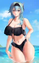 Rule 34 | absurdres, bare shoulders, bikini, black bikini, blue hair, breasts, cleavage, cross-laced bikini, cross-laced clothes, eula (genshin impact), frilled bikini, frills, genshin impact, hairband, highres, in water, klee08, large breasts, legs together, looking to the side, navel, sleeveless, smile, solo, swimsuit, thick thighs, thighs, water, yellow eyes