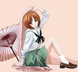 Rule 34 | 1girl, absurdres, arm up, bed sheet, black neckerchief, blouse, brown eyes, brown footwear, brown hair, closed mouth, commentary, from side, girls und panzer, green skirt, highres, holding, holding sheet, knee up, loafers, long sleeves, looking at viewer, miniskirt, neckerchief, nishizumi miho, oil-paper umbrella, ooarai school uniform, pink background, pink umbrella, pleated skirt, sailor collar, school uniform, serafuku, shirt, shoes, short hair, simple background, sitting, skirt, smile, socks, solo, umbrella, white sailor collar, white shirt, white socks, zaofeng