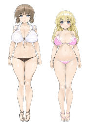 Rule 34 | 2girls, barefoot sandals (jewelry), bikini, blonde hair, blue eyes, breasts, brown hair, chie&#039;s mom (ishikei), chie (ishikei), cleavage, closed mouth, full body, ishikei, large breasts, long hair, looking at viewer, mother and daughter, multiple girls, navel, original, pink bikini, sandals, short hair, simple background, smile, standing, swimsuit, white background