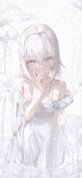 Rule 34 | 1girl, absurdres, bare shoulders, blue eyes, blush, cowboy shot, dress, flower, frilled dress, frills, grey eyes, hair intakes, hand on own face, highres, liquid, long hair, looking at viewer, original, partially submerged, smile, solo, soya (torga), tareme, very long hair, wading, white dress, white hair, white theme