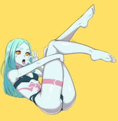 Rule 34 | 1girl, aqua hair, artificial eye, artist name, ass, barefoot, black panties, blue bra, blue panties, bra, breasts, cameltoe, colored sclera, colored skin, curvy, cyberpunk (series), cyberpunk edgerunners, fellatio gesture, female focus, fingernails, full body, green eyes, hair down, highres, huge ass, leg tattoo, long hair, looking at viewer, mechanical eye, neck tattoo, open mouth, oral invitation, panties, petite, ravenrine, rebecca (cyberpunk), red pupils, red sclera, shiny skin, simple background, small breasts, solo, stomach tattoo, straight hair, strapless, strapless bra, tattoo, teeth, thong, tongue, tongue out, underwear, white skin, wide hips, yellow background